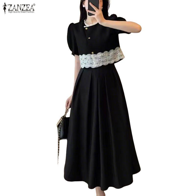 ZANZEA Women Short Sleeve Lace Splice Blouse and Long Skirts Summer Two Piece Suit Sets