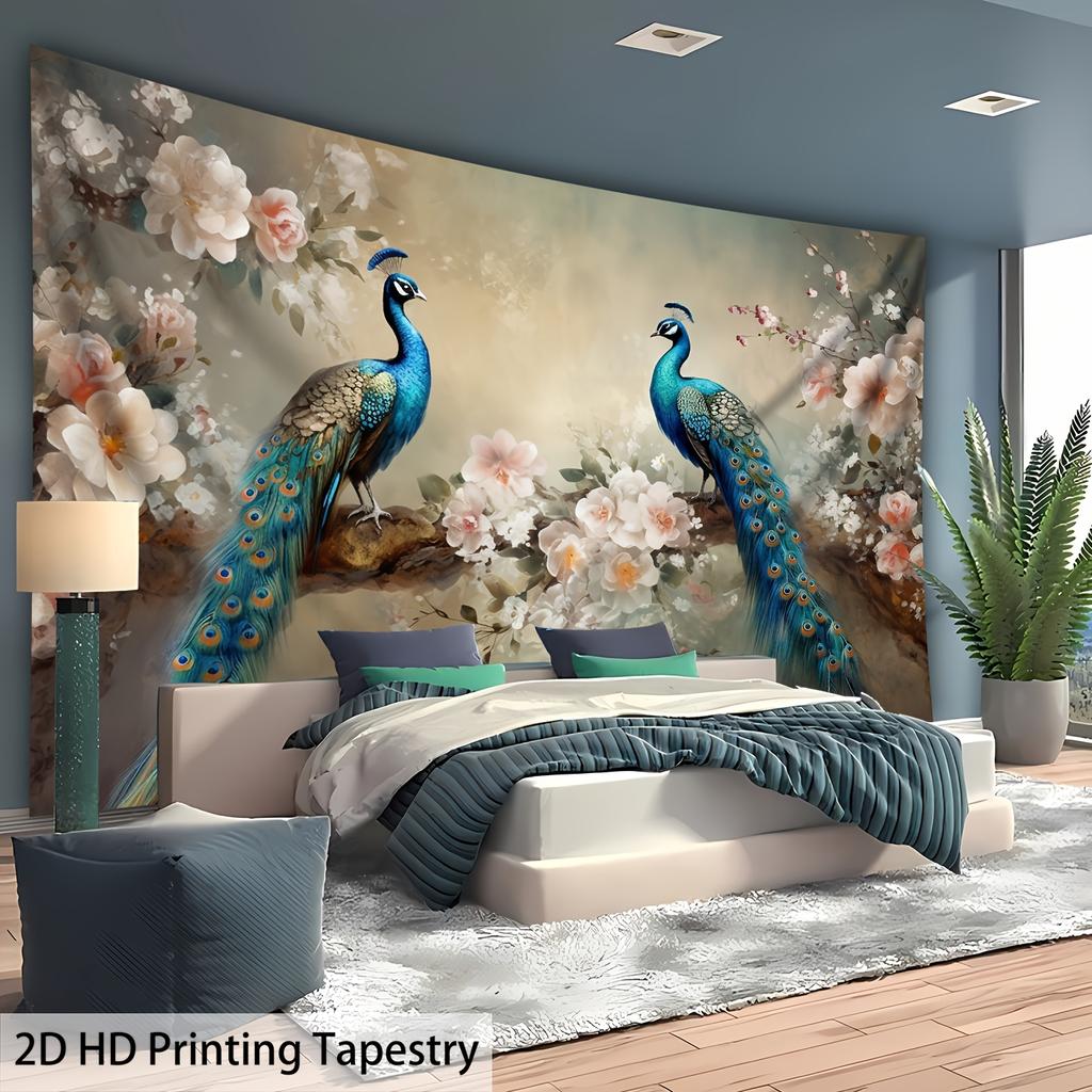 Peacock and Flowers Tapestry, Blue Peacocks with Cherry Blossoms, Elegant Bird Wall Art for Living Room Bedroom Decor