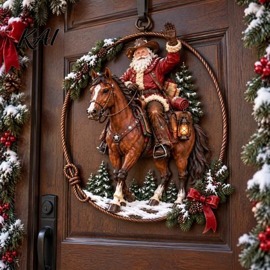 Holiday Home Interior Ornaments Cowboy Santa Riding Horse Metal Wall Art, Western Christmas Round Sign with Sturdy Ranch Accents Rope Border,