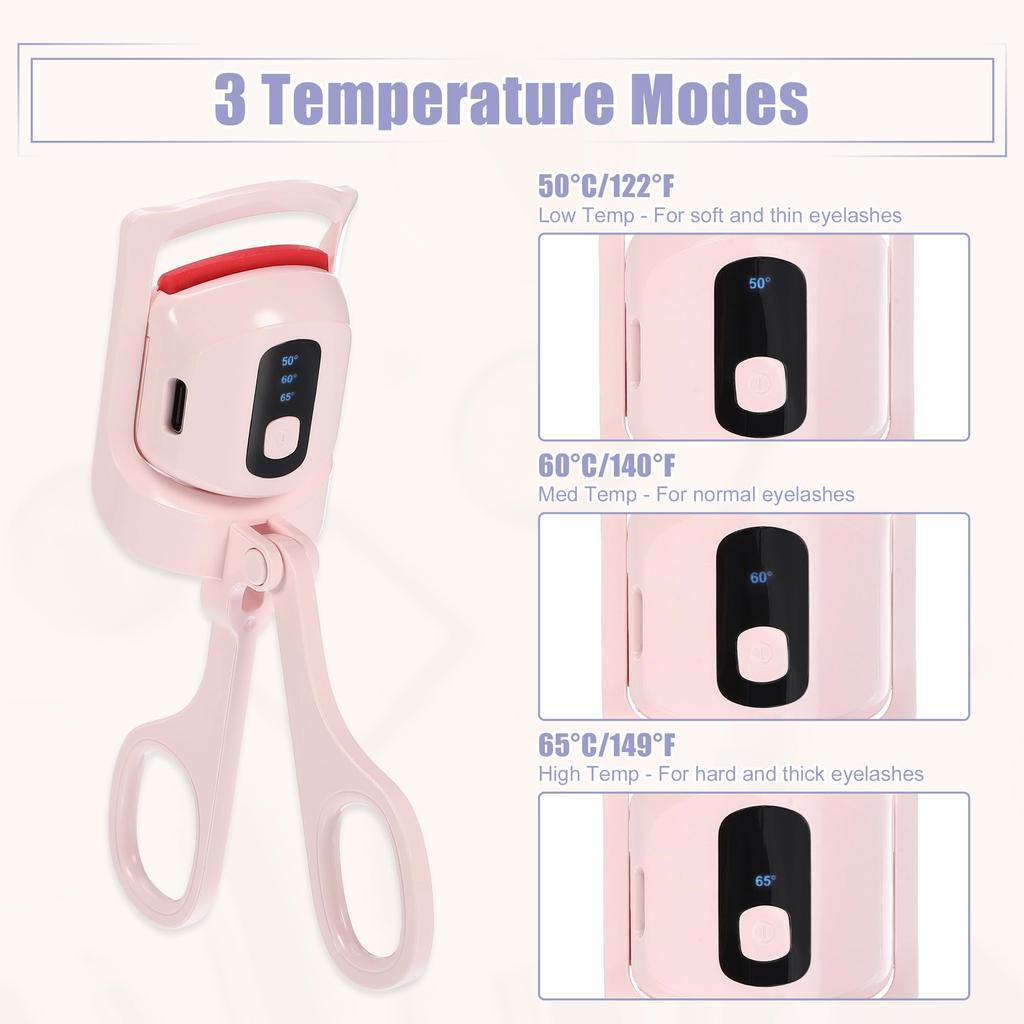 VOCOSTE Heated Eyelash 3 Heating Rechargeable Eyelash Curler with Digital Electric Eyelash Curler that Lifts and Curls Pink Curler, Modes, Display,