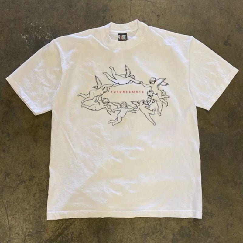 

Make Money for Charity 260G Heavy Weight Pure Cotton! Angel Vintage American Letters Couple Clothes for Men and Women Loose White L [260g Heavy weight pure cotton]]