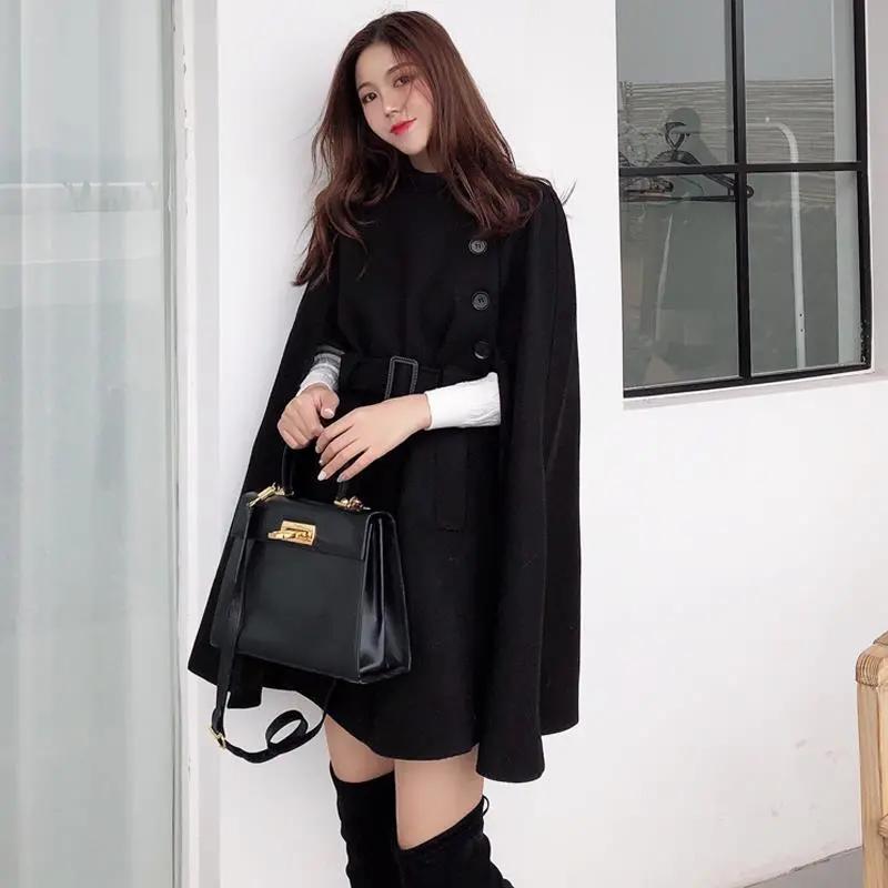 Korean Style Solid Color Loose Cape Coat Medium Length Wool Coat with Waist Women Winter Tops for Women