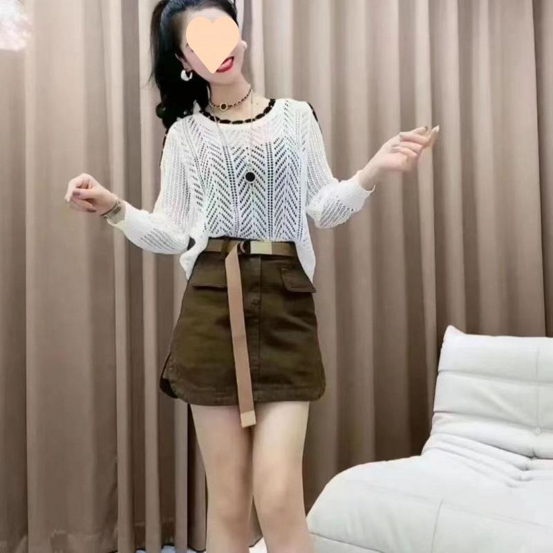 WTEMPO Women s Cold Shoulder Knit Top Long Sleeve Hollow Out Sheer Cover Up Casual Lightweight Crochet Sweater S