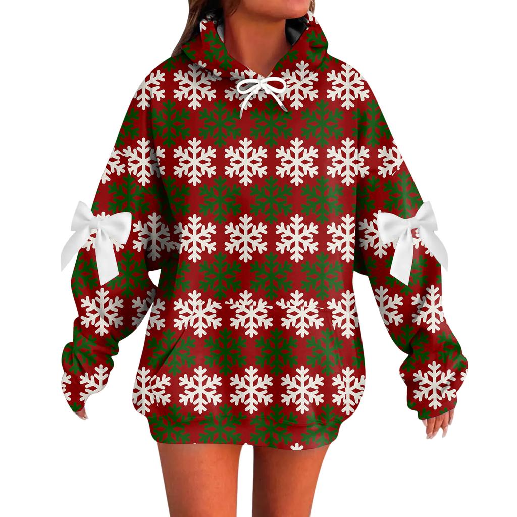 Ladies' Christmas Printed Bow Long Sleeved Loose Fitting Headband With Rope Hooded Sweatshirt Top