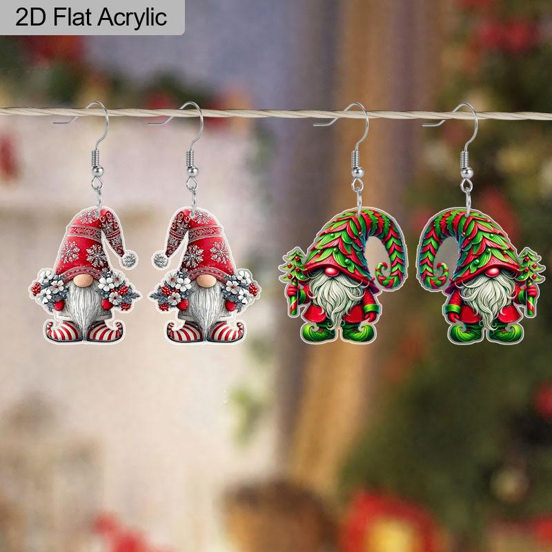 2D Flat 2pairs Red and Green Dwarf Acrylic Dangle Earrings, Perfect Gift for Women, Christmas Party Jewelry