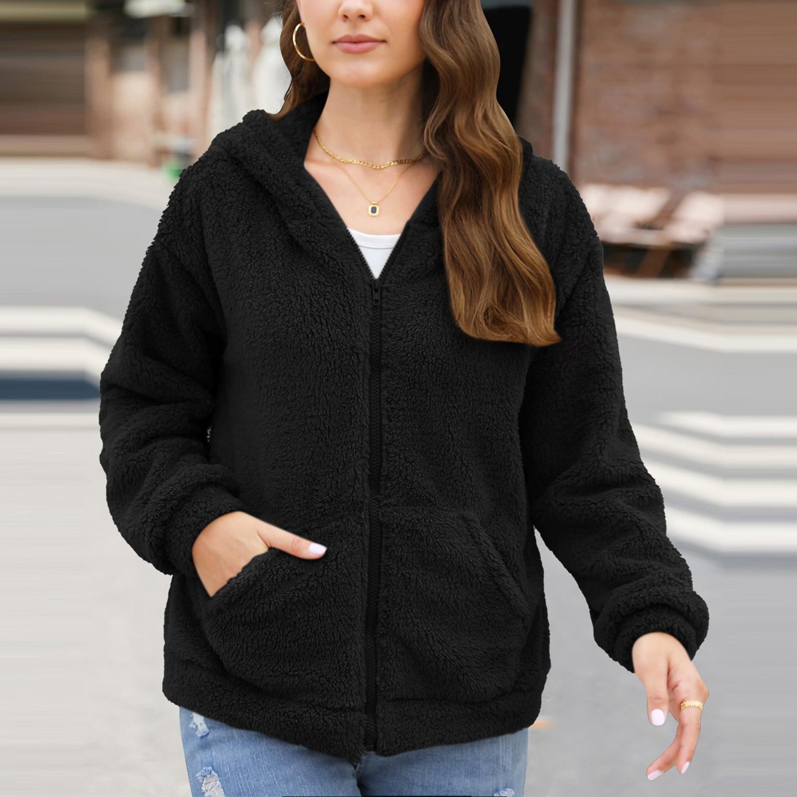 

Женское модное повседневное толстое плюшевое пальто с капюшоном L чёрный