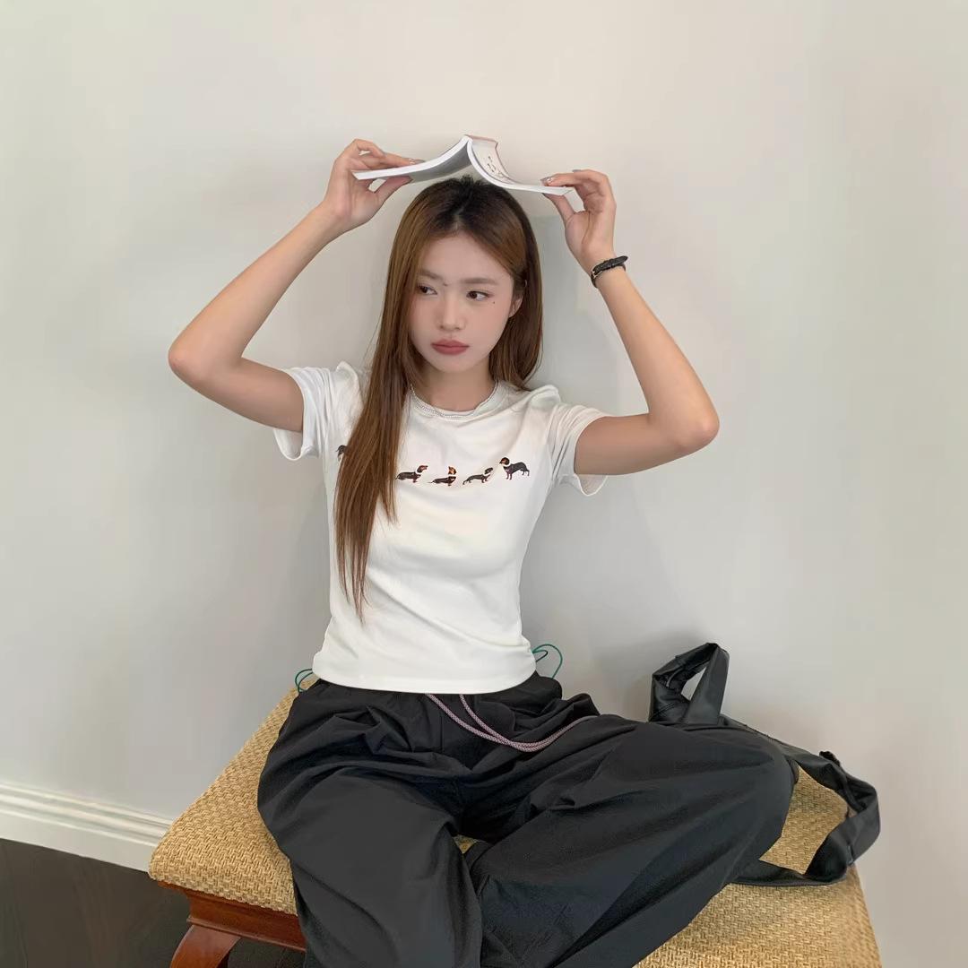 

Chic necklace puppy print short-sleeved T-shirt women s summer new slim and thin design gray top M