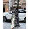 New Retro Loose Lazy Contrasting Colors Hooded Long Cardigan Knee Knitted Sweater Jacket Women's Coat