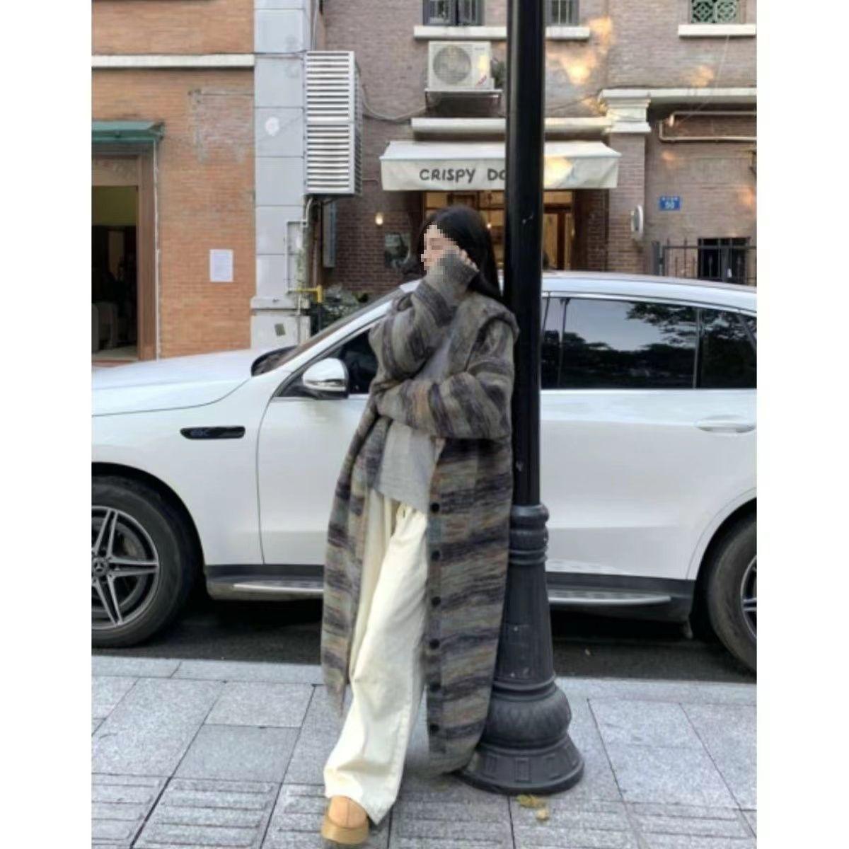 New retro loose lazy contrasting colors hooded long cardigan knee knitted sweater jacket women s coat S recommended 40-47.5kg