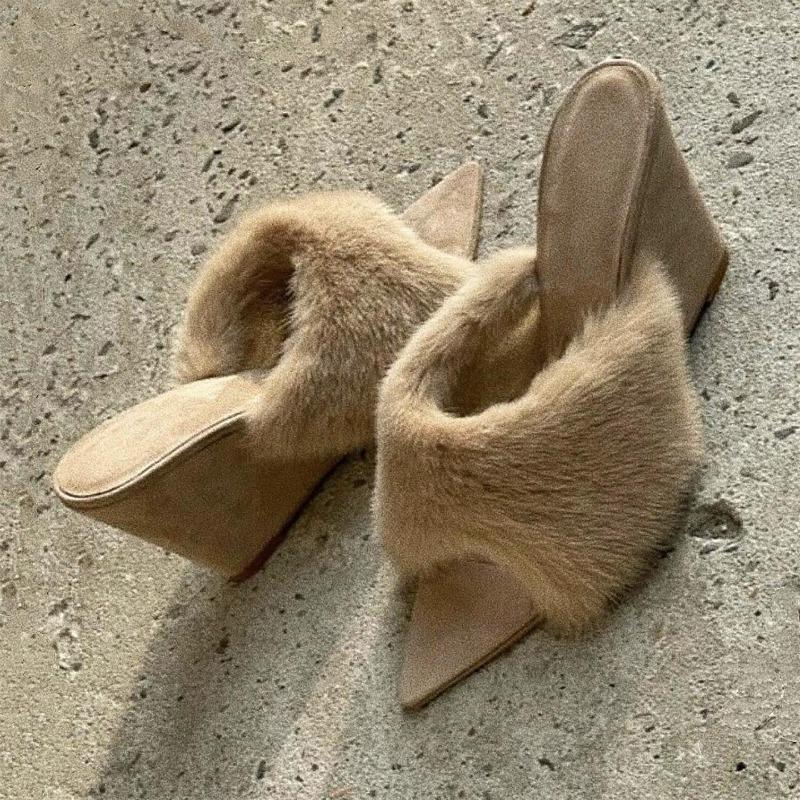 Fashion Fluffy Women Slippers Wedges Platform Sandals Pointed Toe High Heels Shoes 2025 Winter Designer Brand Party Dress Sexy Shoes