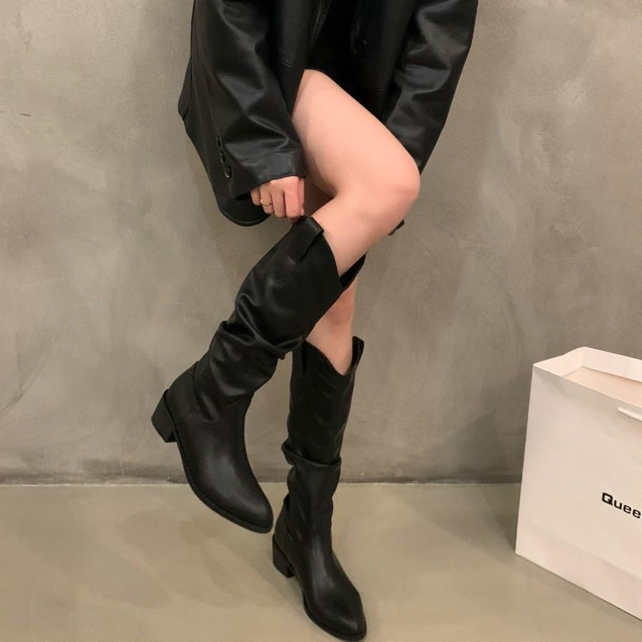 Brown V-mouth boots women's 2025 autumn and winter new thick heel suede tall knight boots popular western pile boots