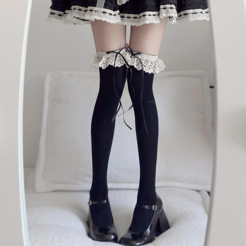 Lace Lace Calf Socks Japanese Lolita Socks Women'S Autumn Thin White Stacked Socks Bow Mid-Leg Socks