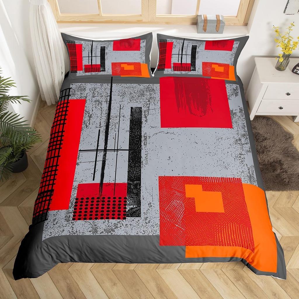 Vintage Striped Line Art Duvet Cover King Size Set Grey Black Red Orange Bedding Set Geometric Oil Painting Graffiti Decoration