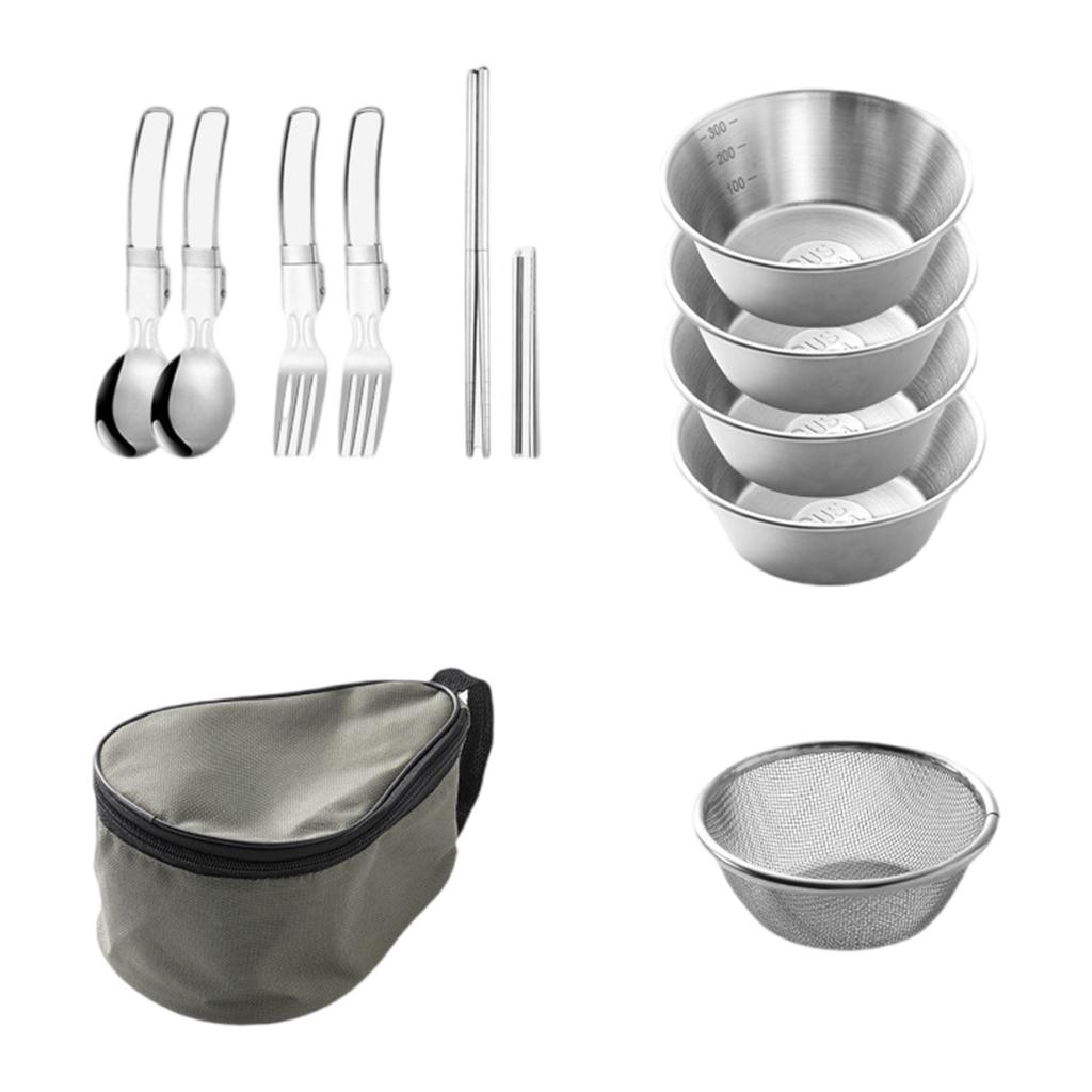 Camping Cutlery Set Stainless Steels Camp Dinnerware Cooking Tableware with Plates Bowls for Outdoor Backpacking Picnics
