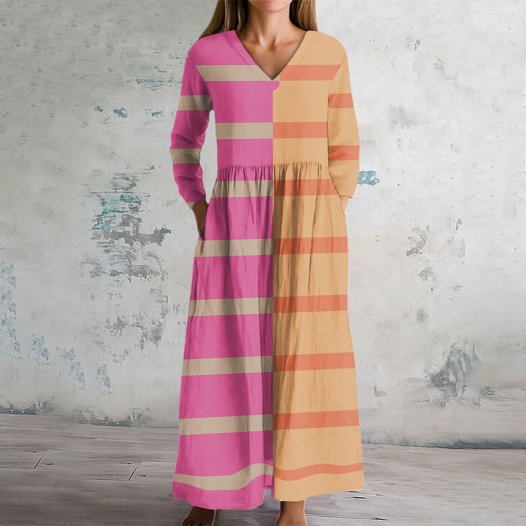 Damska Sukienka Modowa Wiosenna Sukienka z Dekoltem V i Długim Rękawem