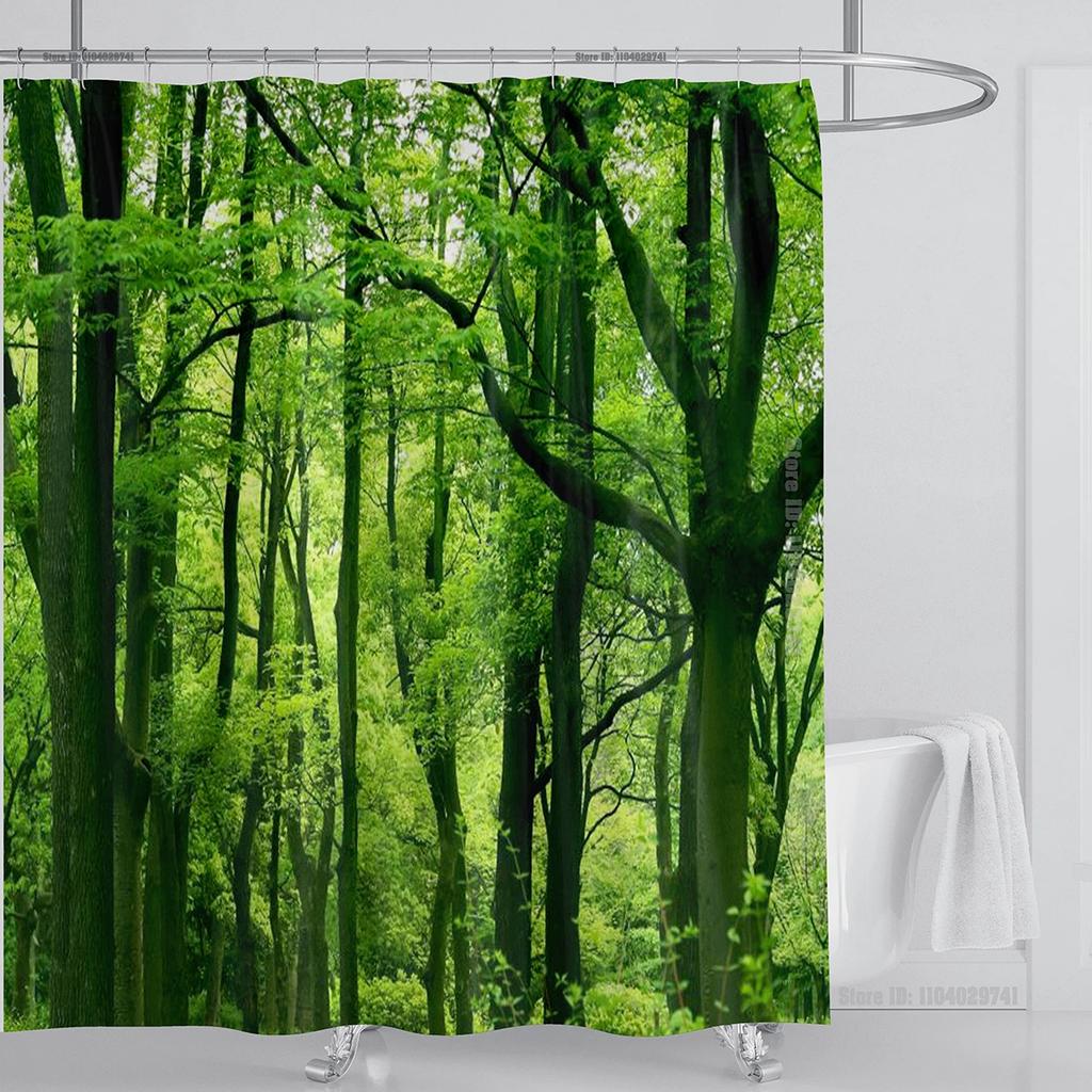 Modern 3D Printing Forest Refreshing Scenery Shower Curtain Waterproof Landscape Green Plant Mountain With Hooks Bathroom Decor
