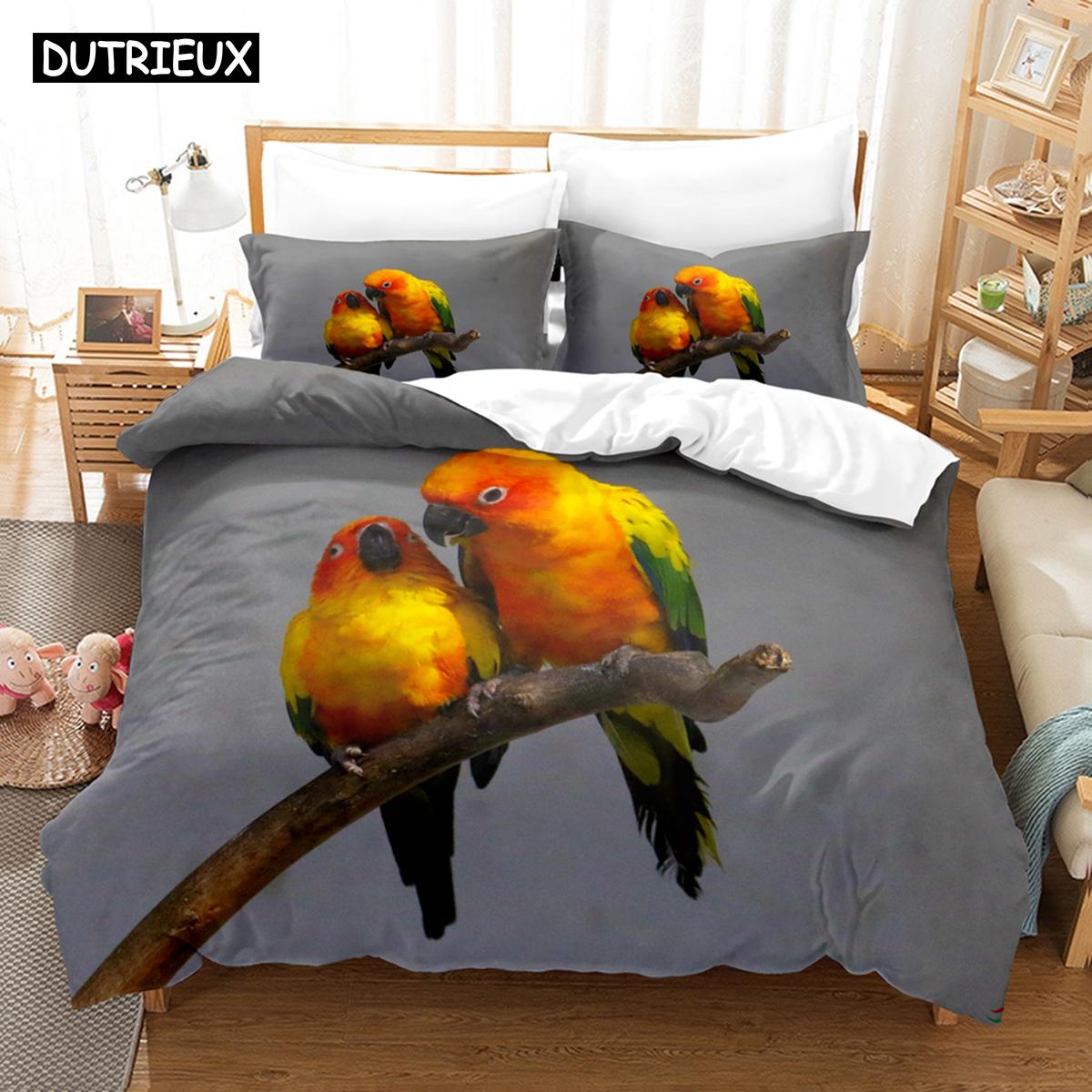 

Постельное белье с попугаями, Двуспальный размер, Одеяло из пуха с акварельными животными и перьями, Комплект одеяла с пальмовыми листьями для детей, подростков, мальчиков, мужчин, Современный тропический EU single(135x200cm)