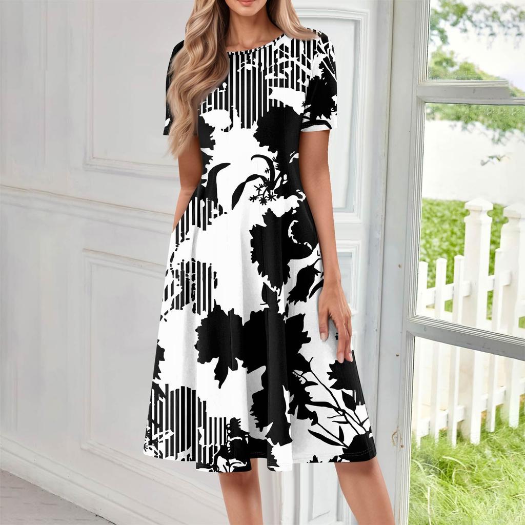 Women's Casual Fashion Round Neck Short Sleeve Floral Printed Midi Dresses