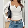 Ladies Autumn Winter Long Sleeve Square Collar Button Solid Color Slim Fit Pullover T Shirt Top