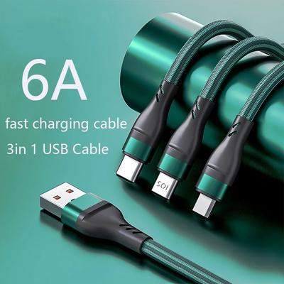 6A 3n1 Nylon Fast Charging Cord for Micro USB Iphone TYPE-C Universal Braided Data Cable Universal Multiple Ports Charger