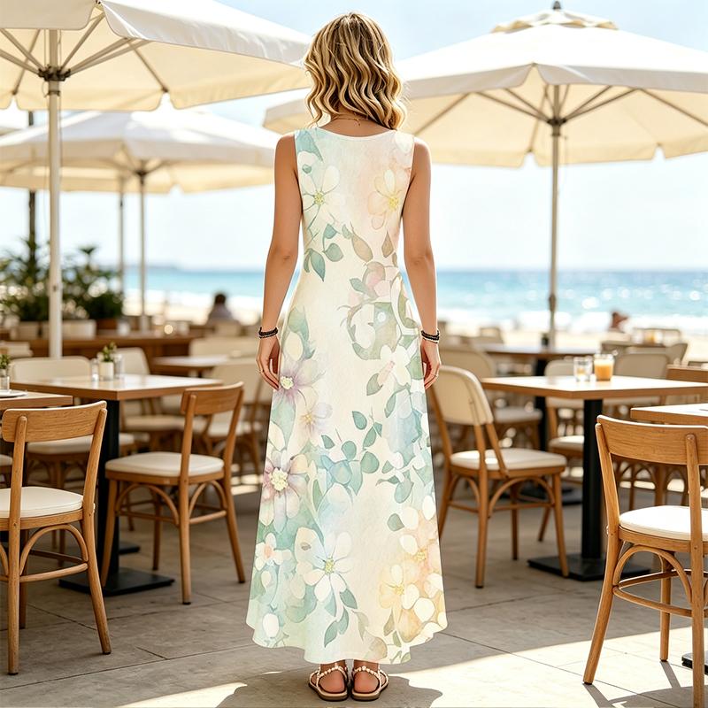 Sleeveless Maxi Dress,Women U Neck Sundress,Green Leaves Floral Watercolor Print,Loose A Line Silhouette,Summer Beach Outfit,Holiday Flowy Long Gown