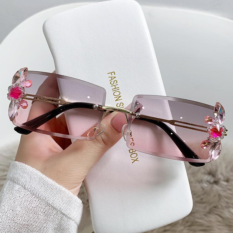 Rectangular Small Frame Diamond-inlaid Sunglasses Women's Small Face Round Face Sun Protection Sunglasses Trendy