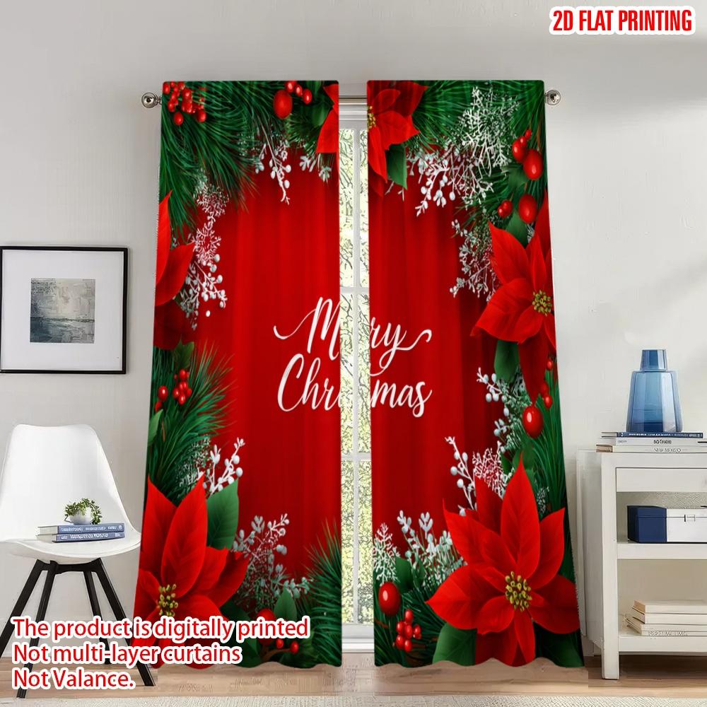 

Set Of 2 Classic Flat Printing Christmas Curtains Poinsettia Snowflakes Berry Digital Printed Polyester Drapes Holiday Curtain W100*H70(CM)-Grommet top&1PCS