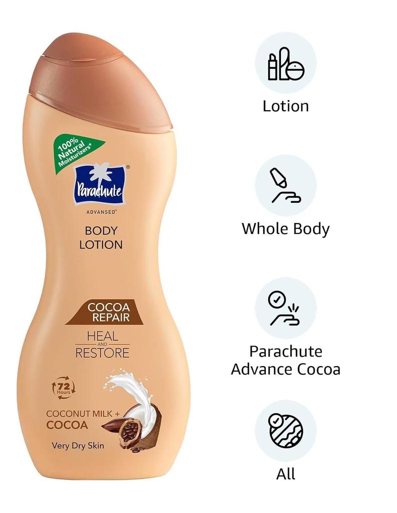 Parachute Advansed Cocoa Repair Body Lotion For Very Dry Skin 250ml Intense Moisture 72H Hydration Fast Absorbing Non Sticky Glow Care