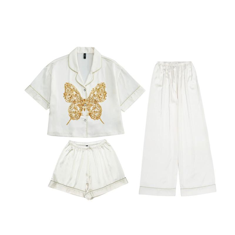 Loose Printed Short Three-piece Ice Silk Pajamas Women's Short-sleeved Suit Women's Summer Thin Soft Pajamas Set