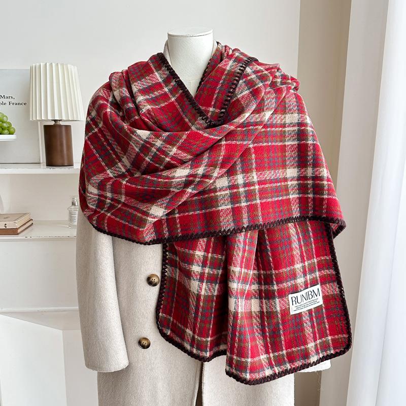 Retro plaid scarf women's autumn and winter new lock edge Korean version thickened warm scarf couple Korean dual-purpose shawl