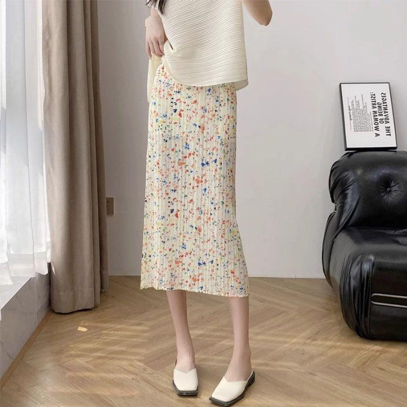 

Летняя юбка-миди в китайском стиле с завышенной талией и утягивающая юбка А-силуэта со складками и цветочным узором Юбка средней длины S