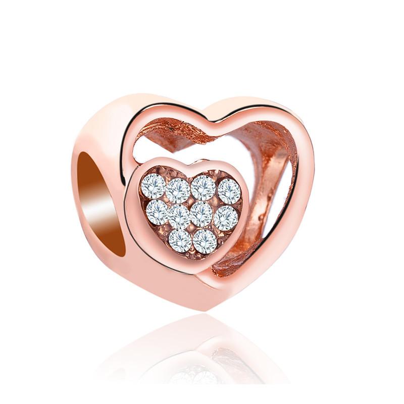 Fashion Rose Gold Plated Crystal Love Heart Flower Charms Bead Fit Original Bracelet Charm Pendants for DIY Jewelry Making