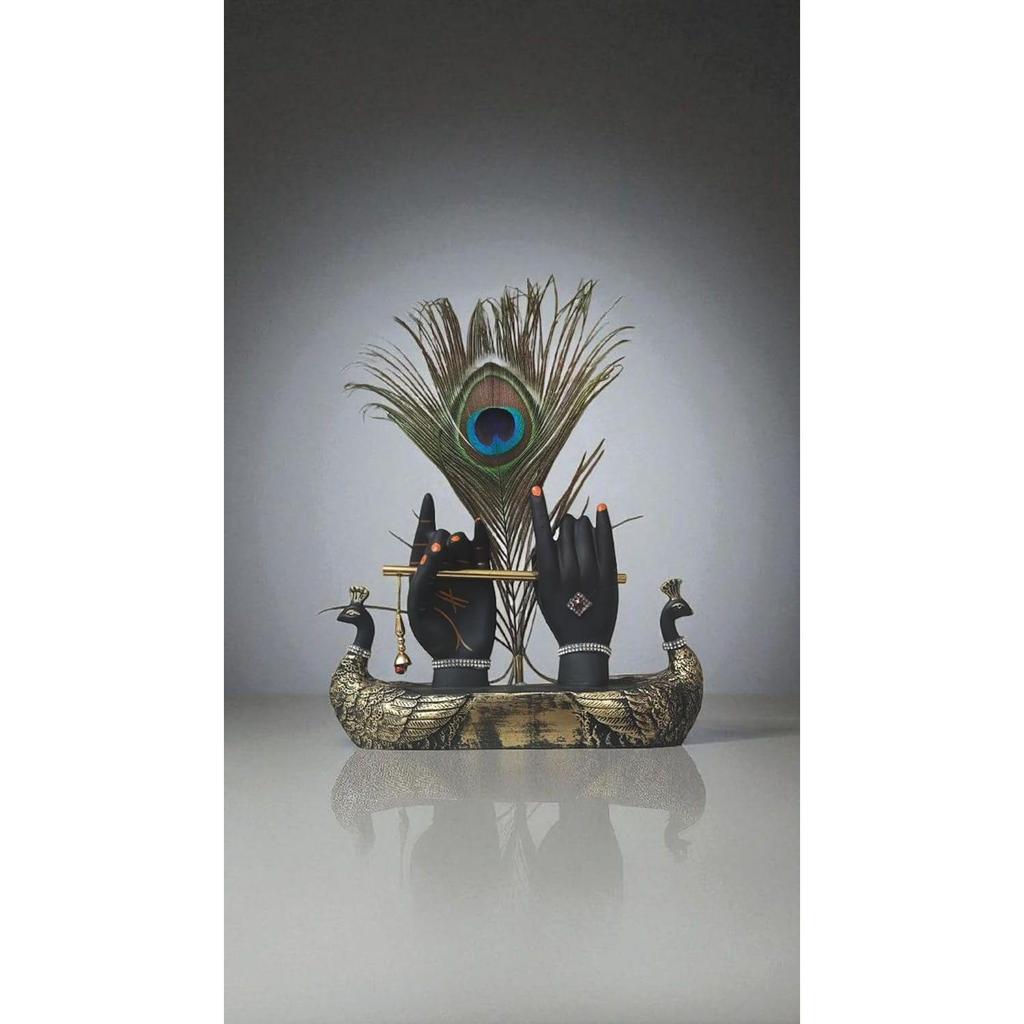 Krishna Hand with Flute & Peacock Feather Idol for Home Decor Gift, Office & Living Room, Peacock