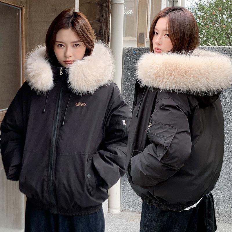 Padded clothes short hooded padded clothes jacket padded jacket thickened bread clothes big fur collar sports women's clothing