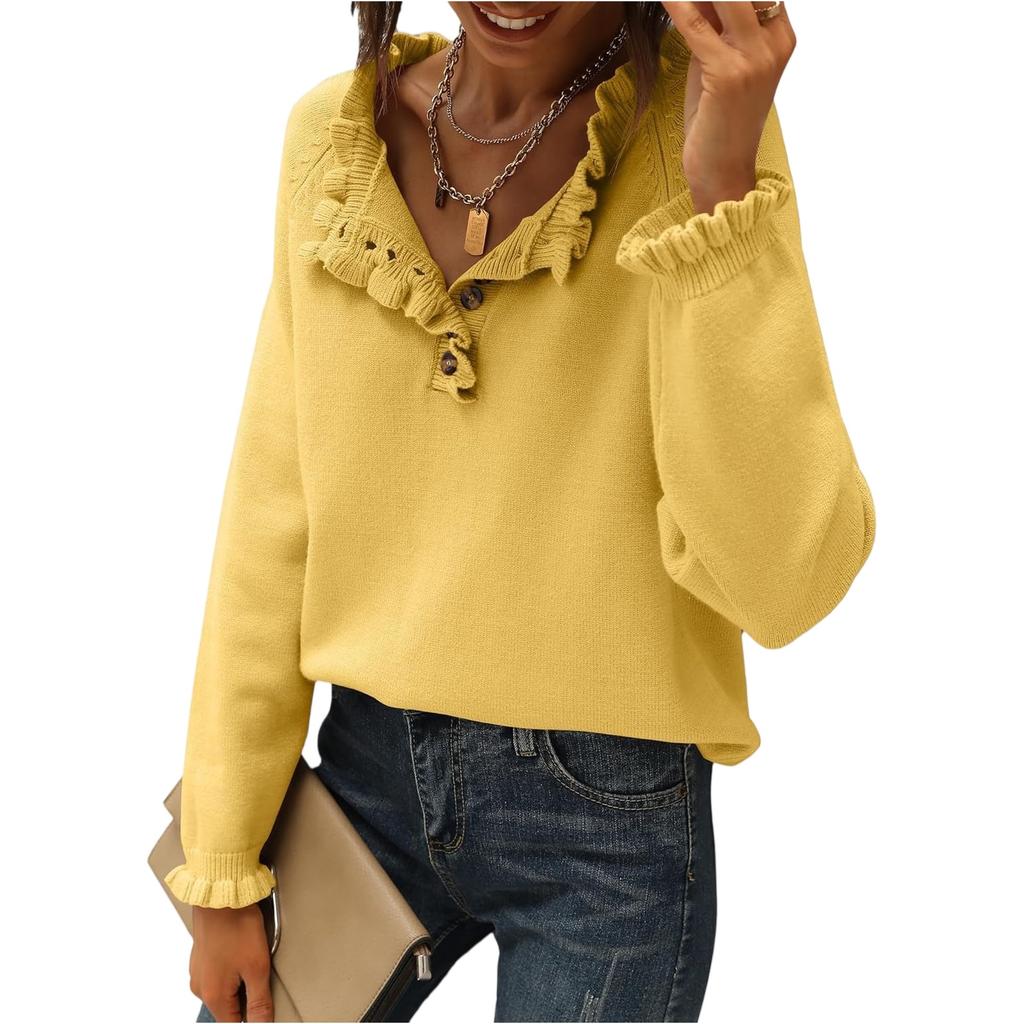Damenmode Strick Casual Langarm Knopfleiste Rüschen Pullover