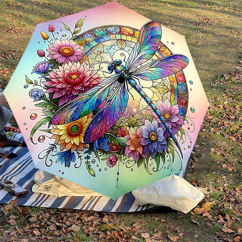 1PC Dragonfly FlowersAutomatic Open/Close Umbrella with Windproof, 8-Rib Sturdy Canopy, Durable Ribs, Fashionable Design, Outdoor Accessory, Fun Prin,