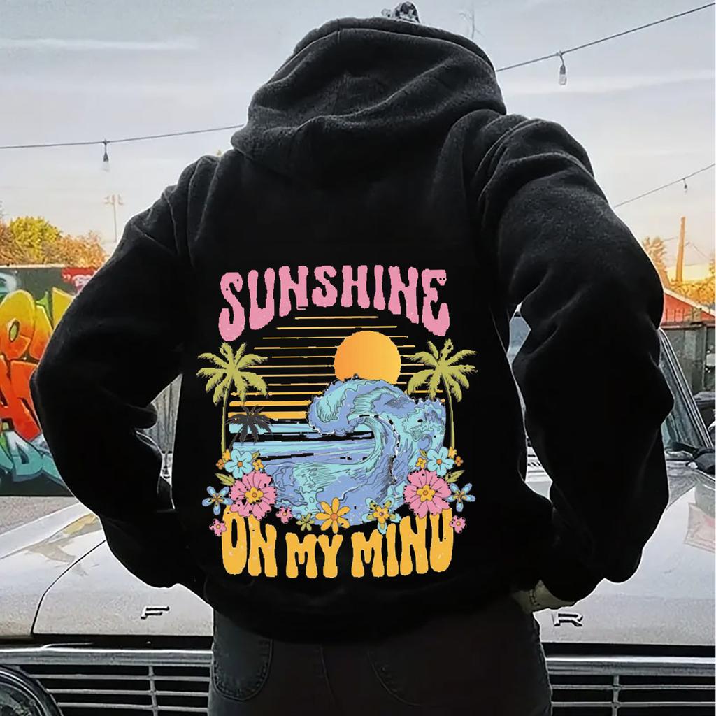 2025 Popular Fashion Hooded Sweater Ins Women's Shoulder Sleeves Fashion Sunshine Wave Sweater Print