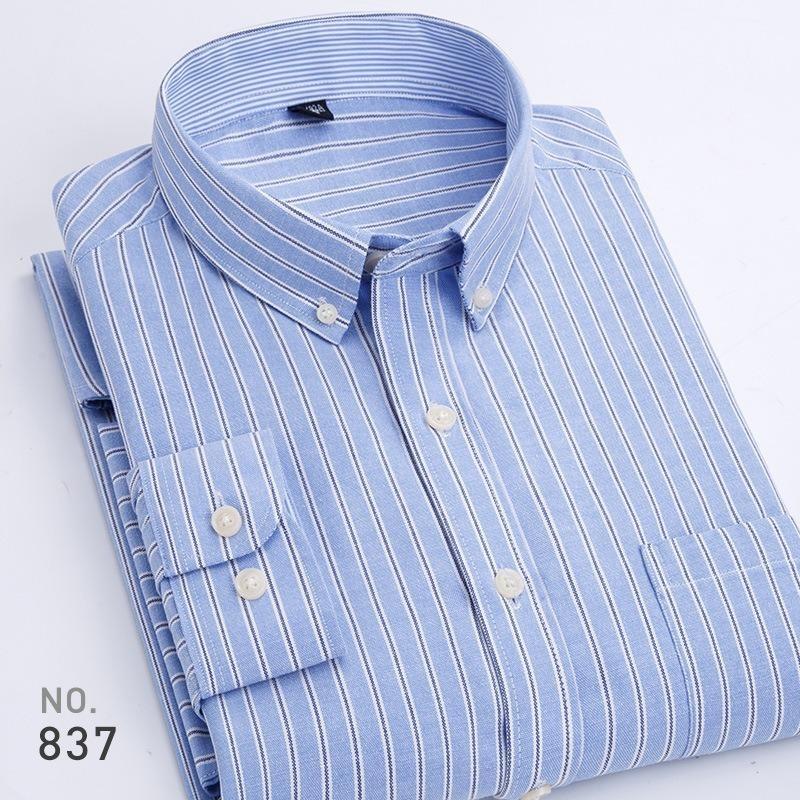 New Men's Oxford Striped Long Sleeve Shirt, Korean Slim Fit Youth Casual Fashion Button Up Shirt