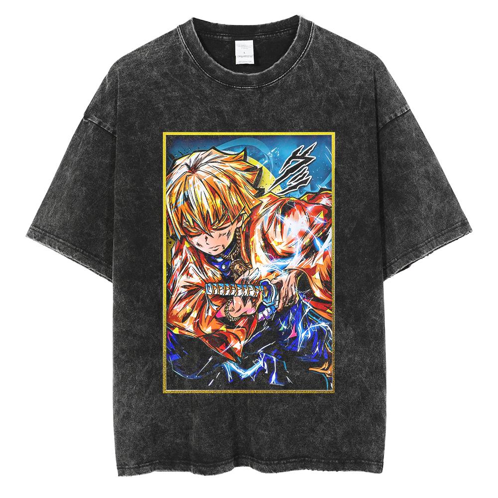 Anime Demon Slayer Rengoku Kyoujurou Print T Shirt Men Women Washed Cotton Tshirts Manga Tee Harajuku Male Casual Loose T-shirt