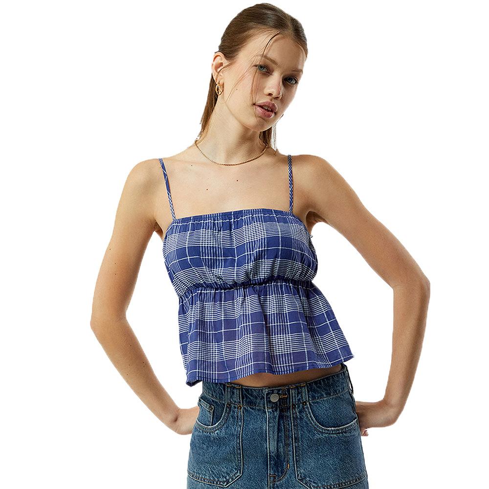 Summer suspenders European and American new striped plaid shirt off-shoulder hot pleated fashion top
