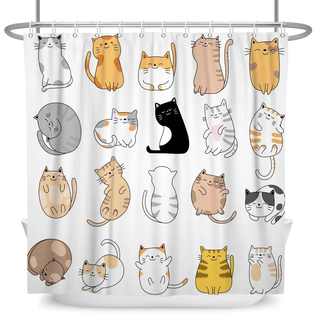 Funny Cat Shower Curtain Cartoon Cute Cats Dog Kids Shower Curtain for Bathroom Waterproof Polyester Home Decor Shower Curtains