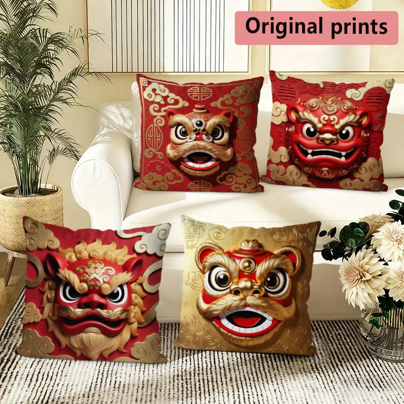 Chinese Lion Dance Print Throw Pillow Covers Pattern Cushion Cover Suitable For Sofa Bedroom Car Pillow Cover