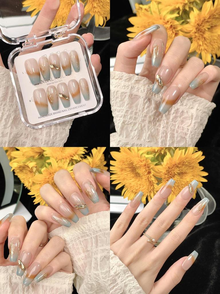 Handmade Ice Transparent Marble Patterned Nail Stickers For Women Long Style Removable Forest Mist Color