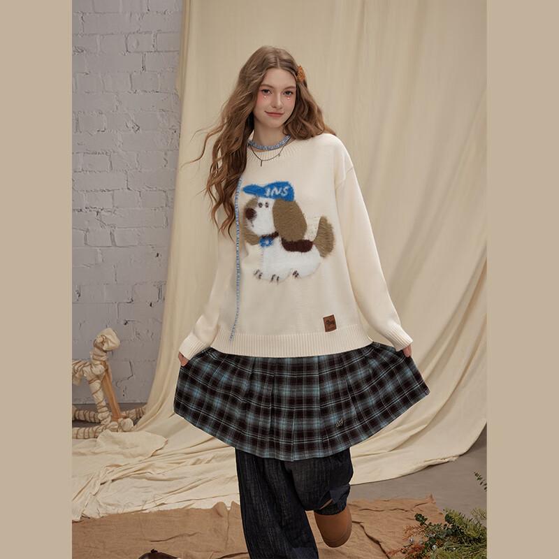 UNIFREE Korean Style Dog Pattern Round Neck Knit Sweater