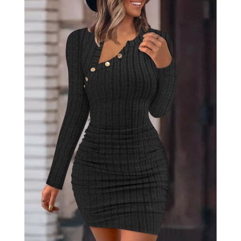 New women's clothing solid color off-shoulder diagonal collar tight hip-wrapped fashion slim-fitting sexy long-sleeved dress