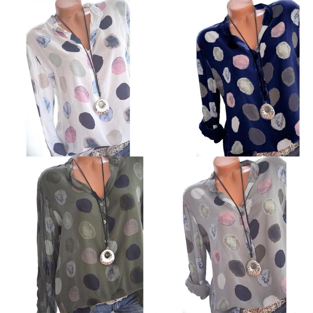 Elegant Women Fashion Polka Dots Print Chiffon Blouse With Long Shirt Sleeves