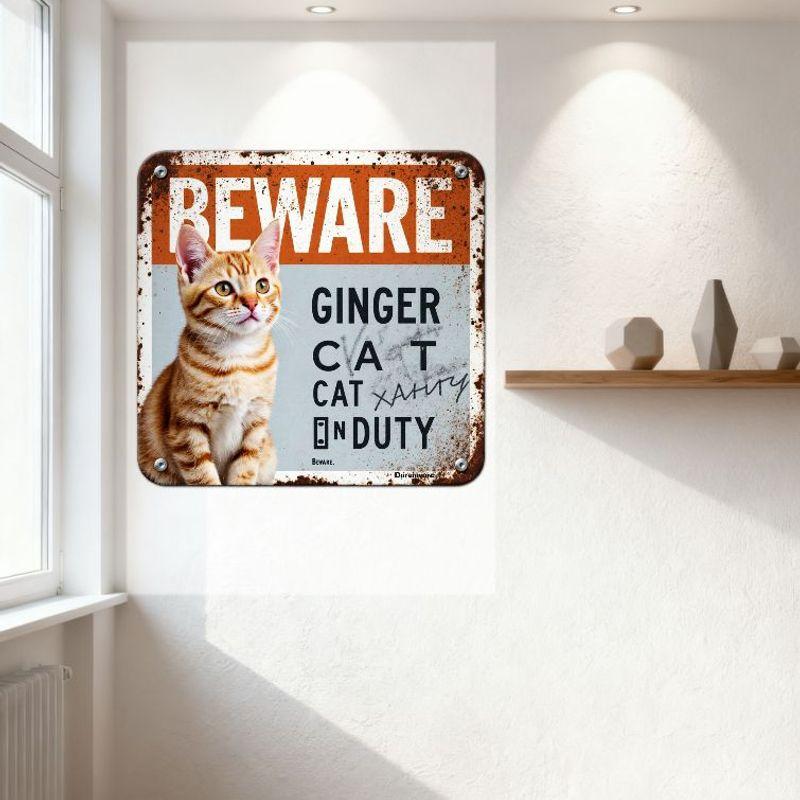 Vintage Distressed Rusty Metal Sign 'Beware Ginger Cat on Duty' with Kitten Image - Rustic Wall Plaque for Home Bar Man Cave Caf