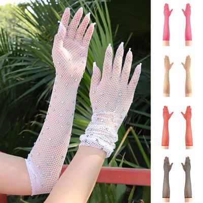 Long Rhinestone Fishnet Gloves for Women Sparkly Mesh Elbow Length Gloves for Rave Party Halloween Wedding Costume Accessories