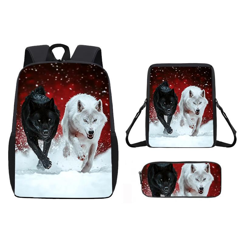 Zaino Stampato con Animale Lupo da 17 Pollici Zaino per Studenti Maschi e Femmine Zaino Scolastico per Bambini Set da Tre Pezzi