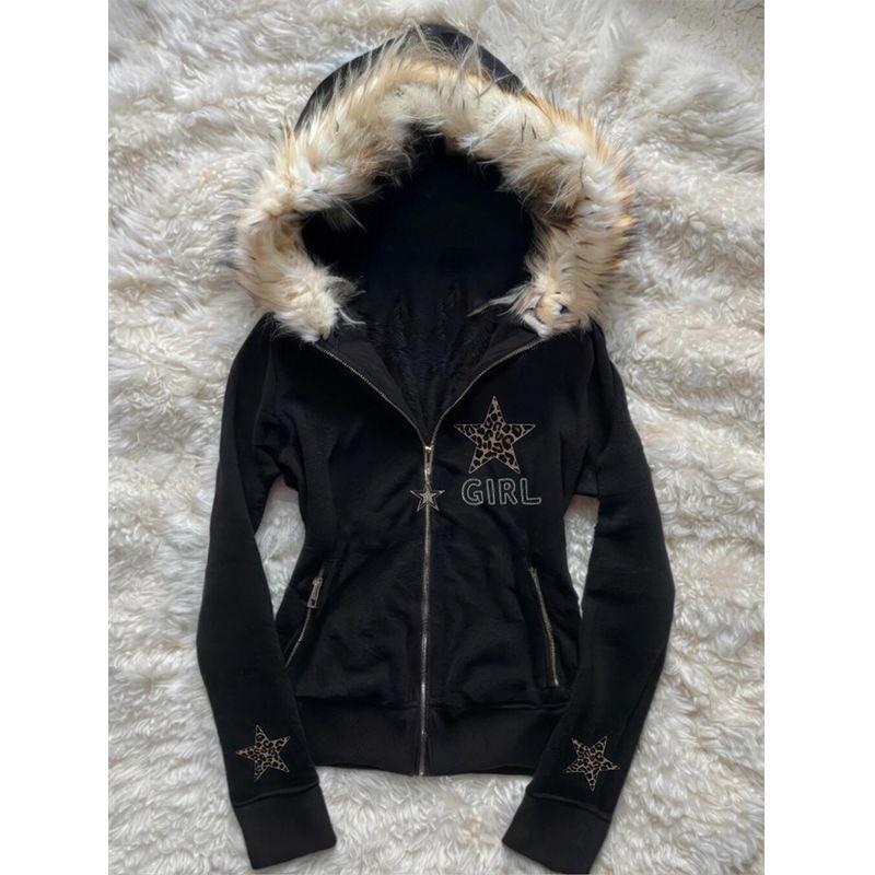 Vintage Black Leopard Star Print Hooded Zip-Up Cropped Jacket Women Winter Retro Streetwear